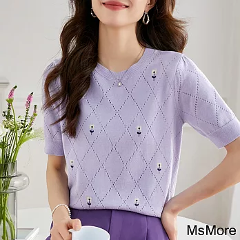 【MsMore】 紫羅蘭短袖針織衫時尚挑孔刺繡圓領寬鬆短版上衣# 117004 FREE 紫色