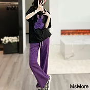 【MsMore】 葡萄紫休閒運動套裝寬鬆時尚圓領俏麗顯瘦短袖寬版長褲兩件式套裝# 116995 M 紫色