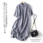 【慢。生活】日系棉麻復古格子寬鬆長款連衣裙 51680 FREE 藍色