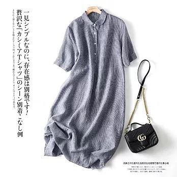 【慢。生活】日系棉麻復古格子寬鬆長款連衣裙 51680  FREE 藍色