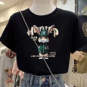【MsMore】 時尚英格騎士兔印花棉大碼圓領短袖T恤短版# 116455 M 黑色