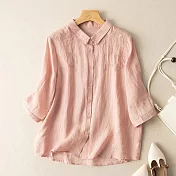 【ACheter】 刺繡寬鬆蘆麻襯衫文藝復古寬鬆休閒鹽系七分袖短版上衣# 117165 XL 粉紅色