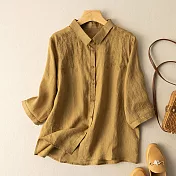 【ACheter】 刺繡寬鬆蘆麻襯衫文藝復古寬鬆休閒鹽系七分袖短版上衣# 117165 2XL 黃色
