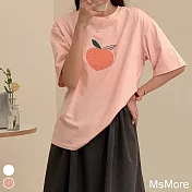 【MsMore】 蜜桃印花圓領純棉大碼短袖T恤短版上衣# 117268 M 粉紅色