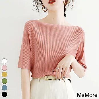 【MsMore】 一字肩上衣溫柔風五分袖設計感寬鬆冰絲針織衫短版上衣# 117293 FREE 粉紅色