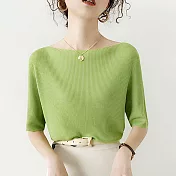 【MsMore】 一字肩上衣溫柔風五分袖設計感寬鬆冰絲針織衫短版上衣# 117293 FREE 綠色