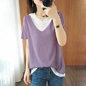 【MsMore】 短袖假兩件連帽拼色針織休閒T恤寬鬆韓版短袖薄短版上衣# 117296 FREE 紫色