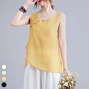 【ACheter】 背心斜襟文藝復古薄款寬鬆時尚圓領氣質短版上衣# 117146 L 黃色