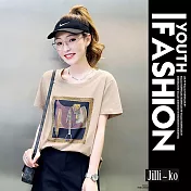 【Jilli~ko】復古時尚印花休閒短袖T恤 J10226 FREE 杏色