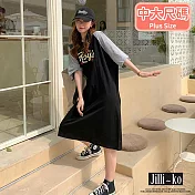 【Jilli~ko】撞色連袖英文圖案休閒連衣裙 J10357  FREE 黑色