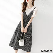【MsMore】 假兩件吊帶時尚休閒寬鬆短袖拼接韓版連身長裙圓領長版洋裝 # 116658 S 黑白色