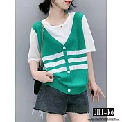 【Jilli~ko】假兩件V領拼色條紋寬鬆冰絲針織衫 J10330  FREE 綠色