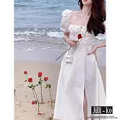 【Jilli~ko】法式碎花泡泡袖方領開衩連衣裙 J10602  FREE 白色