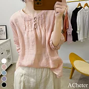 【ACheter】 立領純色蘆麻短袖復古寬鬆襯衣顯瘦百搭短版上衣# 117172 L 粉紅色