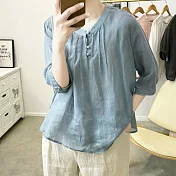 【ACheter】 立領純色蘆麻短袖復古寬鬆襯衣顯瘦百搭短版上衣# 117172 L 藍色