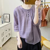 【ACheter】 立領純色蘆麻短袖復古寬鬆襯衣顯瘦百搭短版上衣# 117172 L 紫色