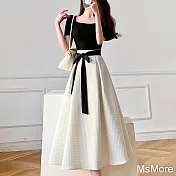 【MsMore】 套裝時尚氣質收腰顯瘦方領短袖小香風半身裙針織兩件式套裝# 117178 S 黑白色