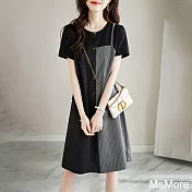 【MsMore】 拼接時尚連身裙夏季新款氣質顯瘦圓領OL短袖中長版洋裝# 117215 M 黑灰色