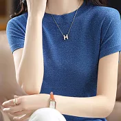 【MsMore】 短袖針織衫鎏金紗銀絲圓領寬鬆短版上衣薄# 117305 FREE 藍色