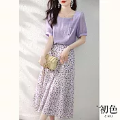 【初色】簡約百搭短袖襯衫上衣+印花下著裙子兩件套裝-紫色-67987(M-2XL可選) XL 紫色