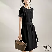 【初色】輕奢圓領綁帶純色連衣裙短袖連身洋裝-共2色-67891(M-XL可選) XL 黑色
