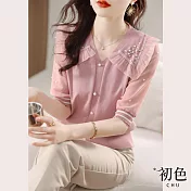 【初色】甜美荷葉領休閒針織短袖T恤-粉紅色-68113(F可選) F 粉紅色