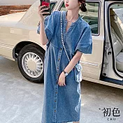 【初色】復古顯瘦牛仔休閒連衣裙洋裝-共2色-68143(M-XL可選) M 淺藍色