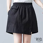 【初色】棉麻風高腰休閒闊腿短褲裙-共3色-68148(M-2XL可選) M 黑色