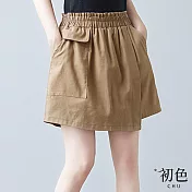 【初色】棉麻風高腰休閒闊腿短褲裙-共3色-68148(M-2XL可選) M 卡其色