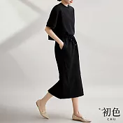 【初色】圓領短袖素色拼接上衣+開衩半裙套裝-共2色-67496(M-XL可選) XL 黑色