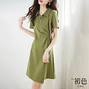 【初色】休閒顯瘦短袖POLO領皺褶連身裙洋裝-綠色-67870(M-2XL可選) M 綠色