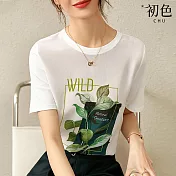 【初色】日常百搭植物印花圓領短袖T恤上衣-白色-68003(M-2XL可選) M 白色