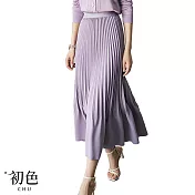 【初色】純色高腰鬆緊百褶裙半身裙-共5色-67682(F可選) F 紫色