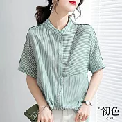 【初色】棉麻風寬鬆條紋立領短袖襯衫上衣-綠色-67597(M-2XL可選) M 綠色