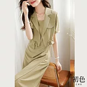 【初色】素色翻領短款短袖抽繩外套細肩帶收腰開叉連身裙洋裝套裝-黃綠色-68021(M-2XL可選) XL 黃綠色