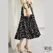 【初色】法式圓點印花高腰百褶裙半身裙-共2色-68002(M-2XL可選) M 黑色