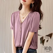 【初色】休閒素色V領寬鬆顯瘦短袖T恤上衣-紫色-67973(M-2XL可選) M 紫色
