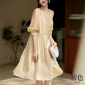 【初色】燈籠袖荷葉領連衣裙七分袖輕薄連身洋裝-共3色-67871(M-XL可選) M 黃色