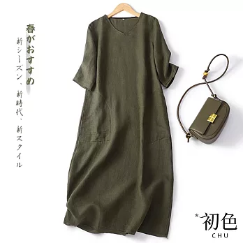 【初色】復古純色V領寬鬆直筒連身洋裝-亞麻綠-67320(M-2XL可選) M 亞麻綠