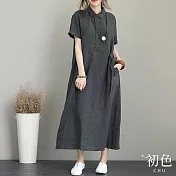 【初色】POLO領素色棉麻風寬鬆短袖連身裙長裙-共3色-67934(M-2XL可選) M 深灰色