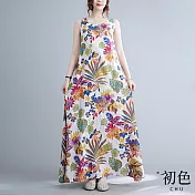 【初色】復古熱帶印花棉麻寬鬆無袖背心洋裝-共2色-61796(M-2XL可選) M 藍色花