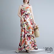 【初色】復古熱帶印花棉麻寬鬆無袖背心洋裝-共2色-61796(M-2XL可選) M 紅色花