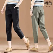 【初色】大口袋鬆緊腰八分休閒褲-共3色-63742(M-2XL可選) XL 軍綠色