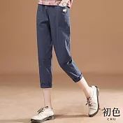 【初色】大口袋鬆緊腰八分休閒褲-共3色-63742(M-2XL可選) XL 藏青色
