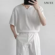 【AMIEE】慵懶風華夫格純色短袖長袖T恤(男裝/KDTY-T107S短袖/KDTY-T107M長袖) XL 白色短袖
