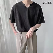 【AMIEE】慵懶風華夫格純色短袖長袖T恤(男裝/KDTY-T107S短袖/KDTY-T107M長袖) L 黑色短袖