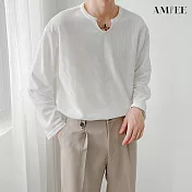 【AMIEE】慵懶風華夫格純色短袖長袖T恤(男裝/KDTY-T107S短袖/KDTY-T107M長袖) XL 白色長袖