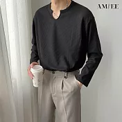 【AMIEE】慵懶風華夫格純色短袖長袖T恤(男裝/KDTY-T107S短袖/KDTY-T107M長袖) L 黑色長袖
