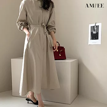 【AMIEE】古典優雅OL風系帶洋裝(KDDY-9071) M 卡其