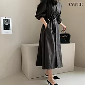 【AMIEE】古典優雅OL風系帶洋裝(KDDY-9071) L 黑色